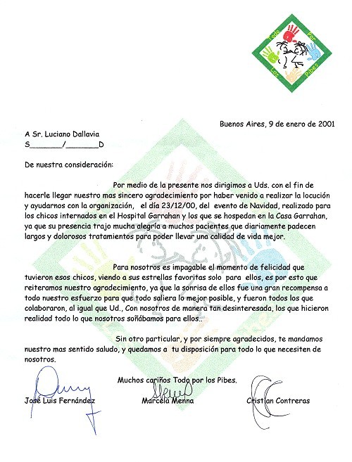 Agradecimiento del Hospital Garrahan a Luciano Dallavia, año 2001