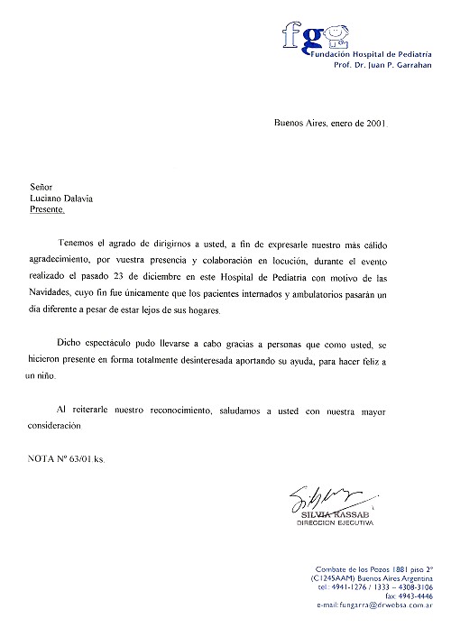 Agradecimiento institucional del Hospital Garrahan
